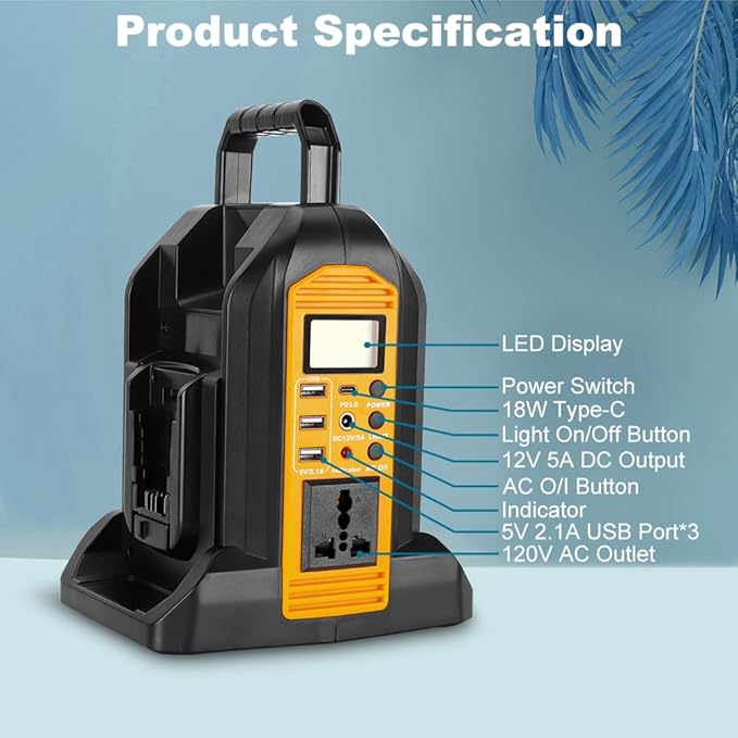 350W Power Inverter Compatible with Dewalt 20v Battery 2-Ports DC 20V to AC 110-120V Pure Sine Wave Battery Inverter with LED Light, 3 USB-A Port,1 Type-C Port,1DC Port for Camping Emergency