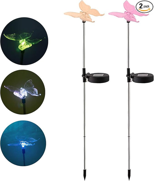 Outdoor Waterproof Color Changing Solar Garden Stake Light with Vivid Butterfly Figurine, LED Garden Landscape In-ground Path Light for Yard Lawn Halloween Christmas Decorations Flower Beds 2 Pack