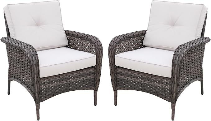 COOS BAY Vintage Courtyard Patio Chairs, Wicker Armchairs, Rattan Patio Dining Set of 2, Outdoor Seating for Deck or Balcony, Gray/Beige