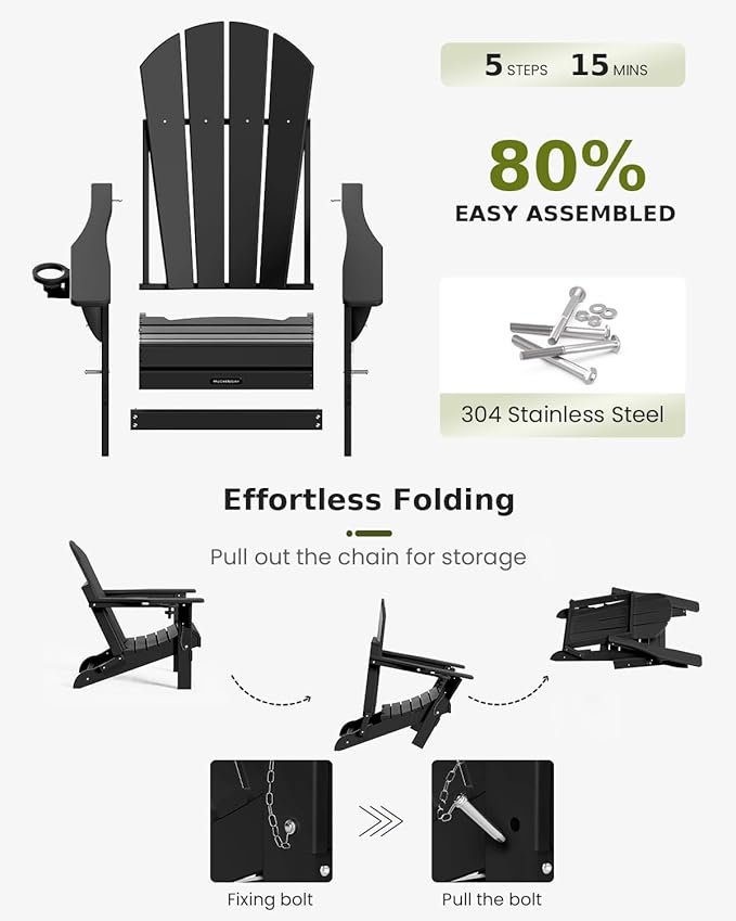 MUCHENGHY Folding Adirondack Chairs, Patio Chairs, Lawn Chairs, Outdoor Chair, Adirondack Chair Plastic, Fire Pit, Weather Resistant with Cup Holder for Deck, Backyard, Garden(White, 3-Piece)