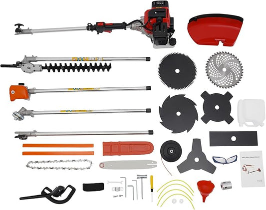52cc 2-Stroke Multi-Function String Grass Trimmer/Edger/Brush Cutter with 7 Heads and Telescopic Aluminum Shaft, Gasoline-Powered Professional Grade for Yard Maintenance Landscaping Heavy-Duty Use