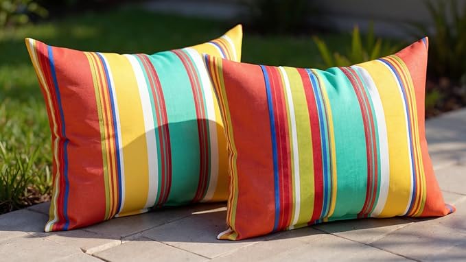 RSH Décor Set of 4 Lumbar Throw Pillows – 26” x 16” Indoor/Outdoor Decorative Cushions, Reversible, All-Weather Polyester Fabric, UV & Fade Resistant Accent Pillows (Bright Colorful Stripe)
