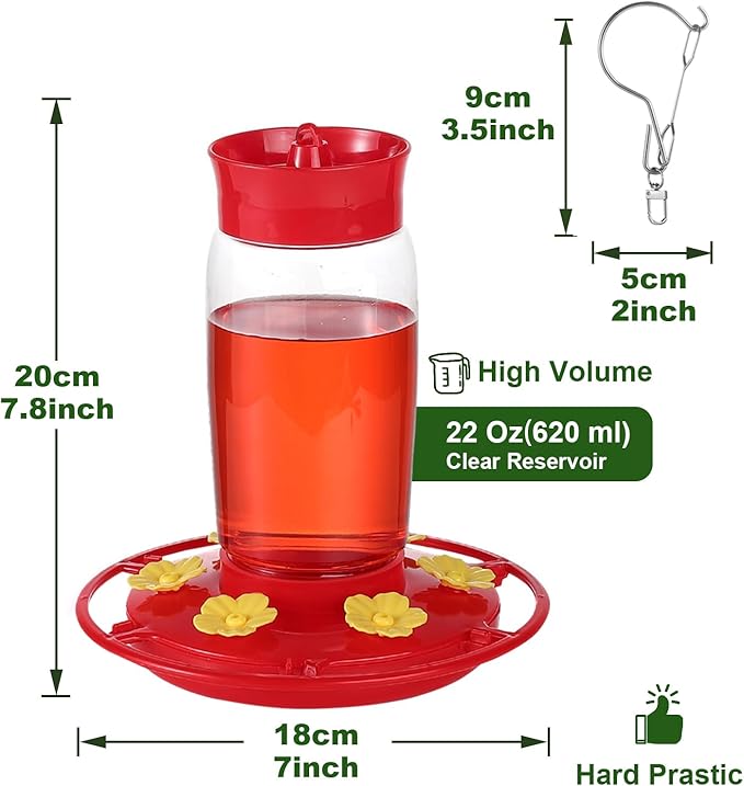 2-Pack Plastic Hummingbird Feeder - 22oz Leakproof Outdoor, 6 Bee-Proof Ports with Ant Moat, Wide Mouth Easy Clean, Hanging Hook for Trees or Decks