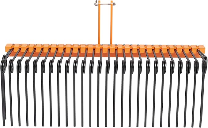 72" Durable Powder Coated, Steel Pine Grass Rake, Steel Spring Landscape Rake, Cat 0 Cat 1 Attaches to Tractor, 3-Point Hitch, Black + Orange