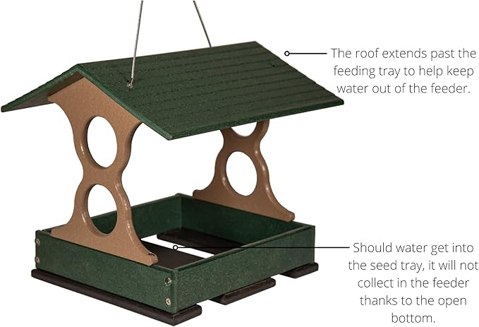 JCS Wildlife Medium Poly Fly-Thru Bird Feeder w/Removable Seed Tray - Holds 4 Cups of Bird Seed to Attract Cardinals, Chickadees, and More Backyard Birds (Green)