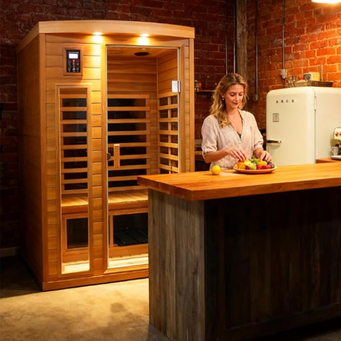 2 Person Infrared Sauna, Red Cedar Wood Low EMF Far Infrared Saunas for Home, 1750watt Indoor Personal Sauna Roombox with Door Heating Panels, 7-Color Lights, Outdoor Lamps, Blue-Tooth