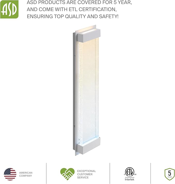 ASD LED 24 Inch Bubble Glass Wall Light Fixture | 22W 530LM 3000-5000K 100-277V | 3CCT, Waterproof, Dimmable, Up-Down Glow, ETL Listed | Exterior Flush Mount Sconce, Outdoor Lighting | White
