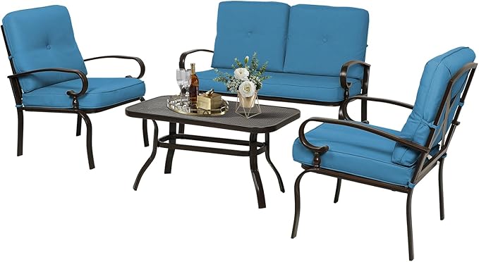 5Pcs Outdoor Furniture Patio Conversation Sets Loveseat, 2 Motion Spring Chairs with Coffee Table, Metal Frame Chair Set (Peacock Blue)