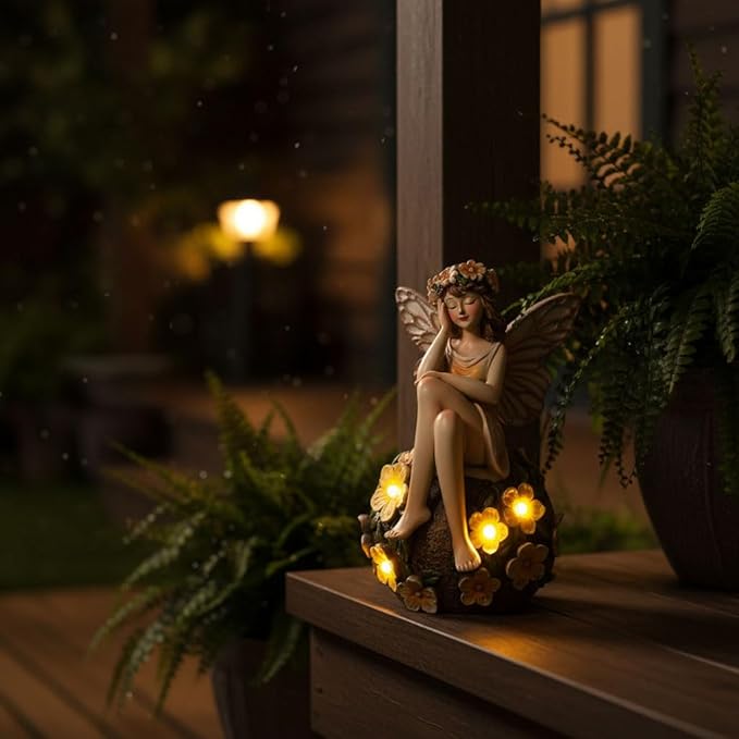 Solar Fairy Statue Sitting on The Flower Ball Light 6.8" Angel Statues for Garden Yard Patio Porch Lawn Decor Resin Fairy Figurine Outdoor Waterproof Angel Gifts for Women Mom Sister