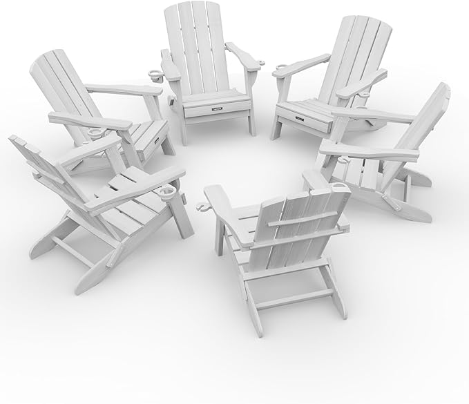 Folding Adirondack Chair Wood Texture 6 Pack, HDPE All-Weather Fire Pit Chairs, Plastic Adirondack Chairs with 2 Cup Holder, Outdoor Lawn Chair for Patio Garden (White)