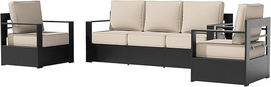3 PCS Aluminum Patio Conversation Set - Outdoor 3-Seater Sofa, 2 Fixed Chair with 6" Thick Water-insistant Cushions, All-Weather Use Frame, Removable Cover, Ideal for Garden, Poolside (Beige)