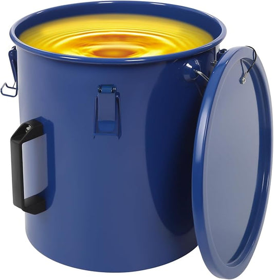 6 Gallon Commercial Fryer Oil Bucket with Lid, Fryer Grease Bucket, Coated Carbon Steel Fryer Oil Container with Rubber Seal, Rustproof, Leakproof, Filter Bag for Hot Cooking Oil Filteringm, Blue