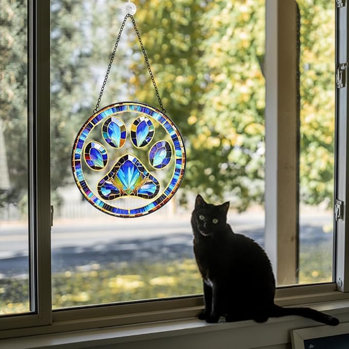 Dog Cat Paw Print Suncatcher Stained Glass Window Hanging - Handmade Stained Glass Panel Suncatchers for Windows Hanging - Sun Catchers Indoor Window Decor Memorial Catcher Remembrance Birthday Gift