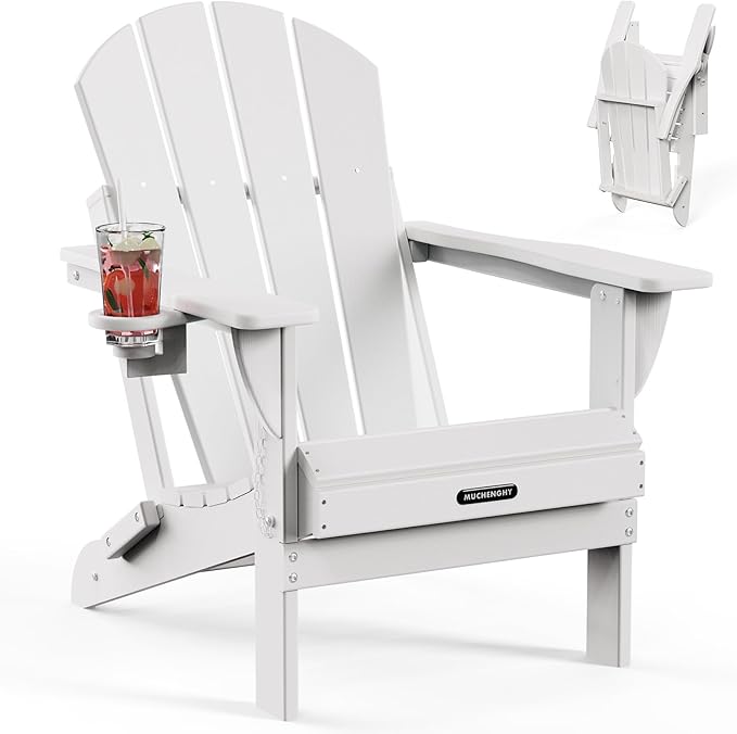 MUCHENGHY Folding Adirondack Chairs, Patio Chairs, Lawn Chairs, Outdoor Chairs, Adirondack Chair Plastic, Fire Pit Chairs, Weather Resistant with Cup Holder for Deck, Backyard, Garden(White)