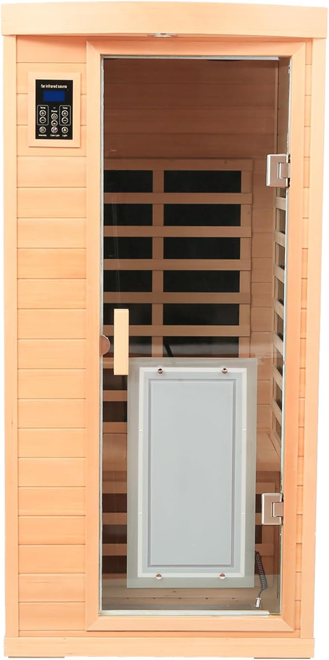 1 Person Low EMF FAR Infrared Sauna, Canadian Hemlock Home Saunas, 6 Heating Panels Personal Sauna Room,1460watt Indoor Saunas with LED Reading Lamp, LCD Display-Control, Bluetooth Speakers