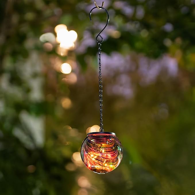 Solar Hanging Lanterns Outdoor, Waterproof Solar Gazing Ball Lights, Color Changing Led Glass Globe Lights for Garden Yard Tree Party Decor, Green Swirl