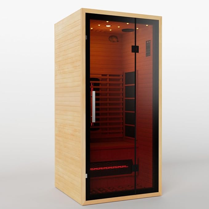 Full Spectrum Infrared Sauna for 1 Person, Upgraded WiFi Control Indoor Canadian Hemlock Wood Home Spa Saunas, Red Light Therapy, Speaker, Oxygen bar, Reading & 7-Color Light, 1350 W, US Instock 110V