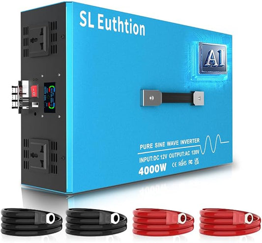 4000W Pure Sine Wave Power Inverter Voice Control AI Voice Assistant Support English 12V to 120V 60HZ with LCD Display, USB Port, for Car Home Laptop Truck