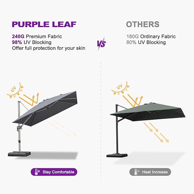 PURPLE LEAF 9' X 11.5' Patio Umbrella, Rectangle Outdoor Cantilever Umbrella, Aluminum Offset Umbrella with Champagne Frame and 360° Rotation for Pool Deck Garden, Light Grey