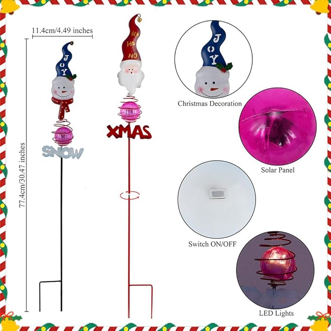 Solar Christmas Decorations Outdoor,2 Pack Snowman＆Santa Claus Xmas Pathways Lights,Christmas Solar Garden Stake Lights for Outside Lawn Patio Landscape