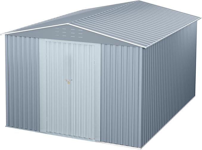 10x12 Ft Outdoor Metal Storage Shed, Galvanized Steel Garden Sheds with Lockable Doors, Extra Large Utility and Tool Storage for Patio Lawn Backyard Outside Use, Grey