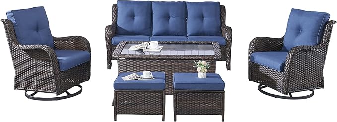 Rilyson 6 Piece Outdoor Patio Furniture Set - Rattan Wicker Patio Conversation Sets with 2 Swivel Rocker Chairs,2 Ottomans,1 Sofa and 1 Coffee Table for Outside Porch Deck Backyard(Brown/Blue)