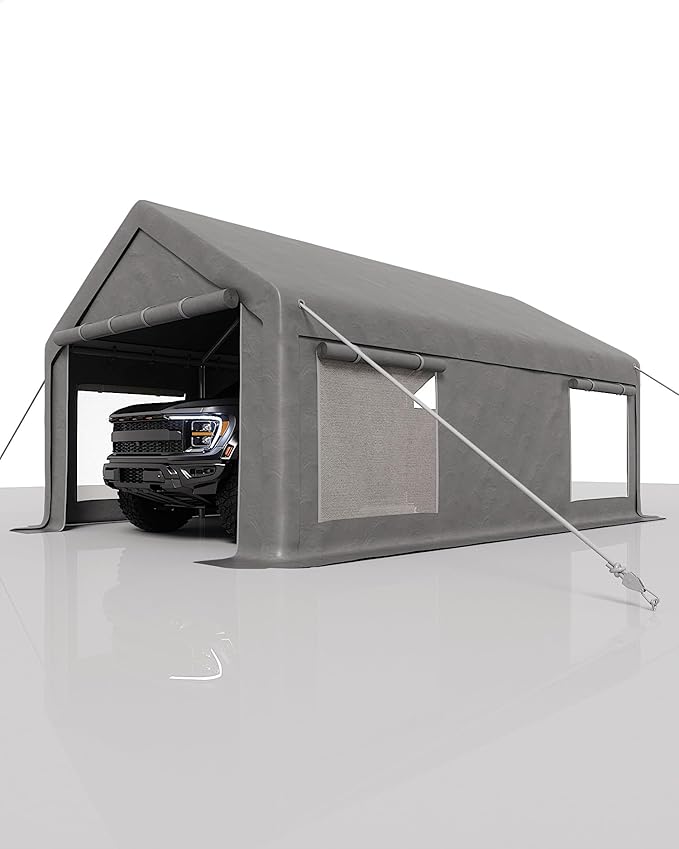 GarveeLife 13x20 ft Carport with 8 Sandbags, Car Port with 220 g PE Tarp, 2 Roll-Up Doors, and 4 Windows, for Full-Size Pickups, Bass Boats, Tractors, and SUVs, Gray