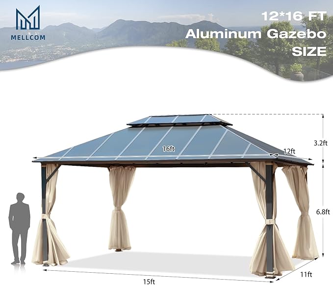 MELLCOM 12x16FT Hardtop Gazebo, Permanent Outdoor Aluminum Patio Gazebo with Aluminum Composite Double Roof for Patio Lawn and Garden, Curtains and Netting Included