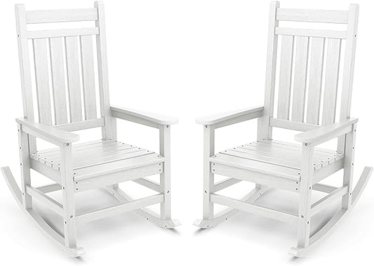 SERWALL Outdoor Rocking Chair, HDPE Rocking Chair for Adults, All Weather Porch Oversized Rockers for Lawn Garden, White