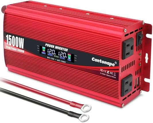 1500W Power Inverter 12V to 110V/120V Car Charger Converter with LCD Display, 3.1A Dual USB Ports 2 AC Outlets Car Adapter for RV, Truck, Solar, Off-Grid, Vehicle, Red