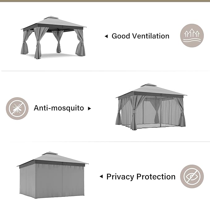 LAUSAINT HOME Outdoor Patio Gazebo 12'x12' with Expansion Bolts, Heavy Duty Party Tent & Shelter with Double Roofs, Mosquito Nettings and Privacy Screens for Backyard, Garden, Lawn, Smoke Grey