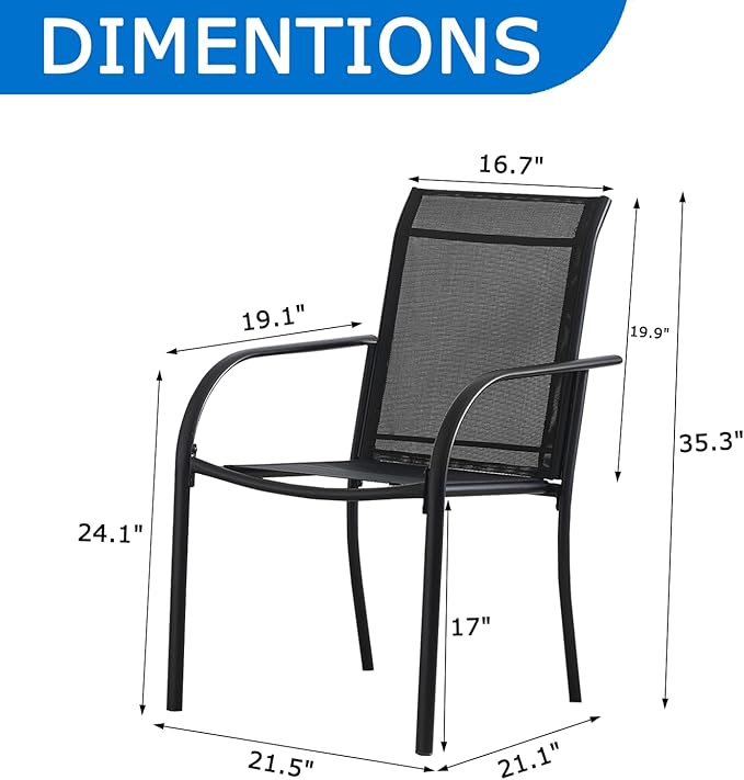 Outdoor Dining Chairs Set of 2, Stackable Patio Chair with Textilene Fabric, Lightweight Garden Chairs for Poolside, Backyard, Camping, Black