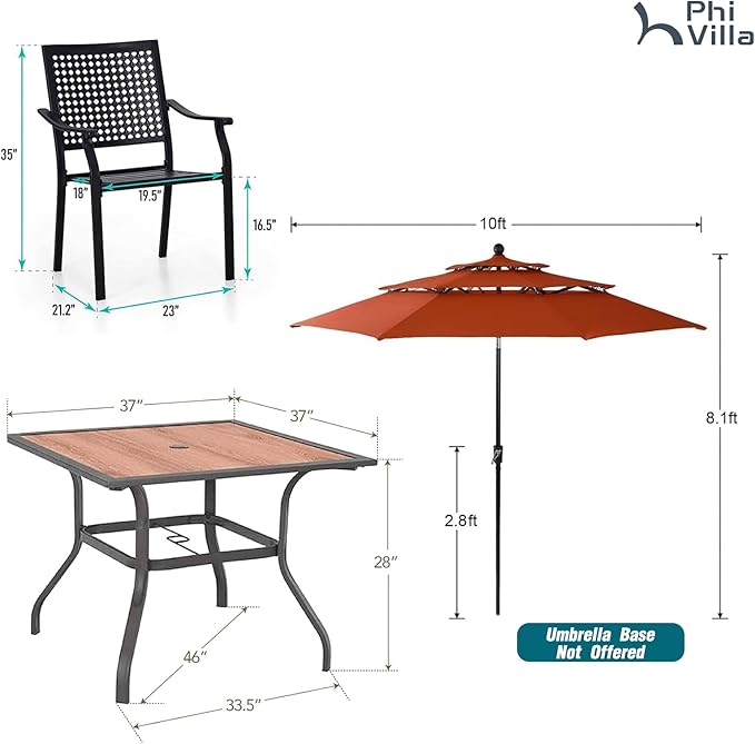 PHI VILLA 5 Pieces Patio Dining Set for 4 with 10ft Patio Umbrella, Metal Outdoor Stackable Wrought Iron Chair Set of 4 & 37" Metal Wood-Like Dining Table,3 Tier Vented Market Table Beige Umbrella