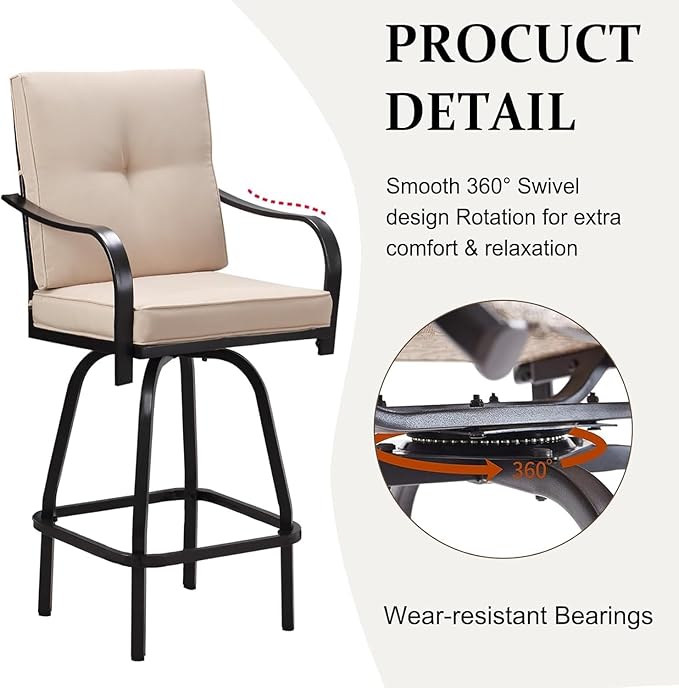 Patio Swivel Bar Stools, Outdoor High Back Swivel Bar Stool Chair Set of 2 with Cushion & All Weather Steel Frame, Beige