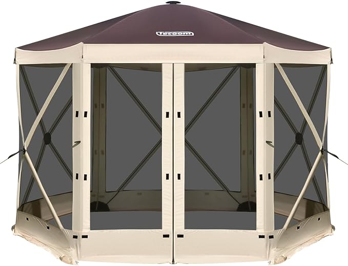 Tecoom 6-Sided Pop Up Gazebo Tent, Screen House with Mosquito Netting Canopy for Camping, 10x10ft Portable Sun Shelter Removable Siedwalls for Outdoor, Garden, Activities, Khaki