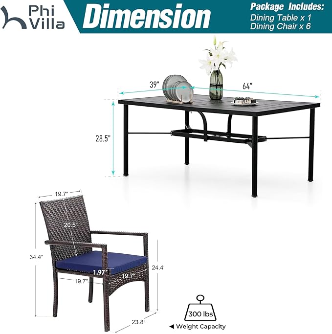 PHI VILLA 7 Piece Outdoor Dining Set for 6, 64" Wrought Iron Dining Table with Umbrella Hole & Cushioned Rattan Chairs for Patio, Yard, Porch, Deck