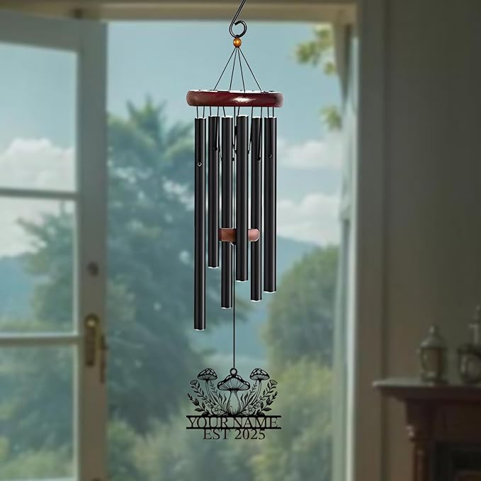 Personalized Customize Name Fantasy Mushroom Wonderland Wind Chime, Metal Iron 37 Inch Outdoor Memorial Gift for Garden Yard Patio Home Decor, Black (Style A)