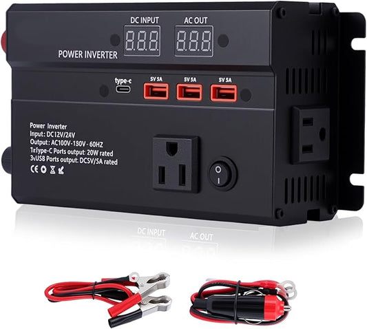 600W Car Power Inverter, 12V/24V Car Plug Adapter Outlet Converter with 1 Type C Port, 3 USB Ports, Dual AC Outlets for Cars Trucks US Plug (Black)