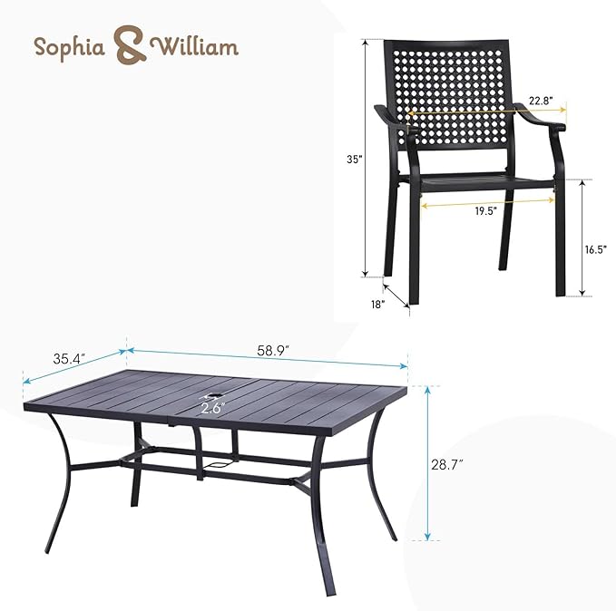 Sophia & William Patio Table and Chairs Set, Outdoor Dining Set for 6, 7 Piece Metal Patio Furniture, 60" Black Rectangular Table(Beehive)