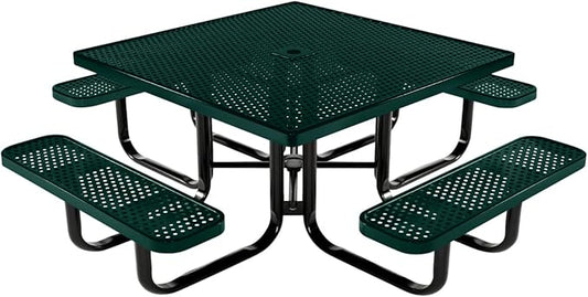 COATEDOUTDOORFURNITURE Heavy-Duty Portable Outdoor Kids Table with Umbrella Hole, Punched Steel Kids Picnic Table, Commercial-Grade, Made in America (46 in, Square, Childrens, Dark Green)
