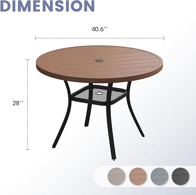 VICLLAX Outdoor Patio Round Dining Table, 41"x 41" Metal Slatted Round Tabletop with Adjustable Umbrella Hole for Deck Lawn Garden Backyard, Walnut