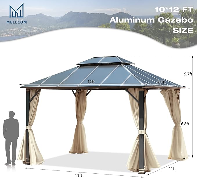 MELLCOM 10x12FT Hardtop Gazebo, Permanent Outdoor Aluminum Patio Gazebo with Aluminum Composite Double Roof for Patio Lawn and Garden, Curtains and Netting Included