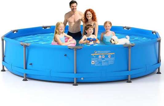 GYMAX 12ft x 30in Metal Frame Above Ground Swimming Pool, Outdoor Backyard Famliy Pool Set with Puncture-Resistant Fabric, Drainage Valve Connector for Kids & Adults (12' x 30", Round, Blue)