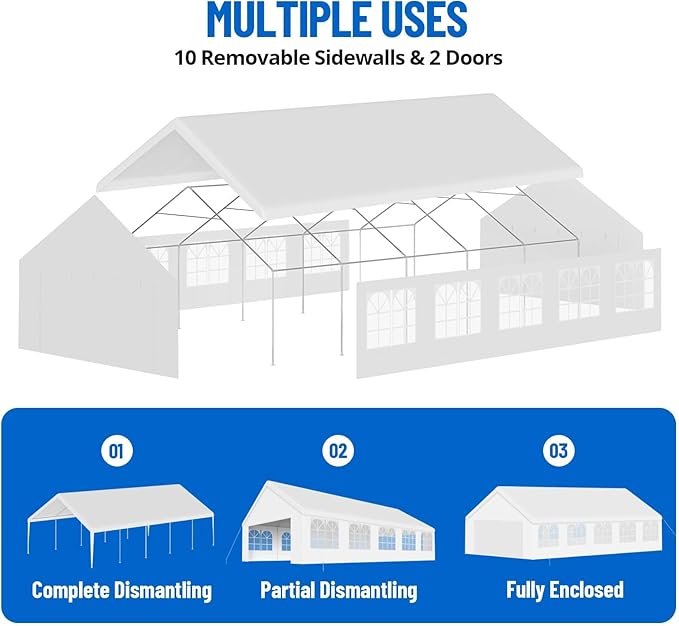20'X32' Party Tent with Removable Sidewall Windows, Outdoor Heavy Duty Wedding Gazebo, Event Shelter Wedding Canopy Tent for Parties Carport BBQ, White & Straight Edge