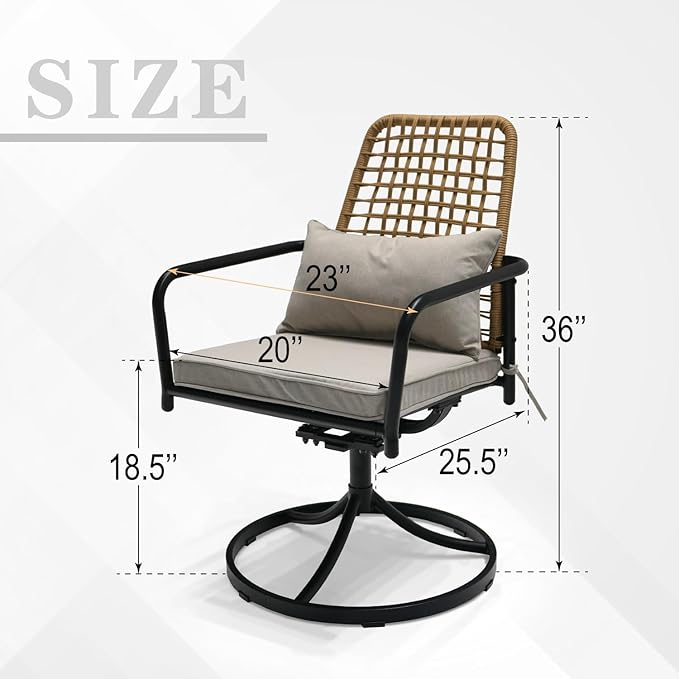 5-Piece Outdoor Dining Set, Rattan Wicker Swivel Chairs with 35''Metal Table Furniture Set, Gray Cushions
