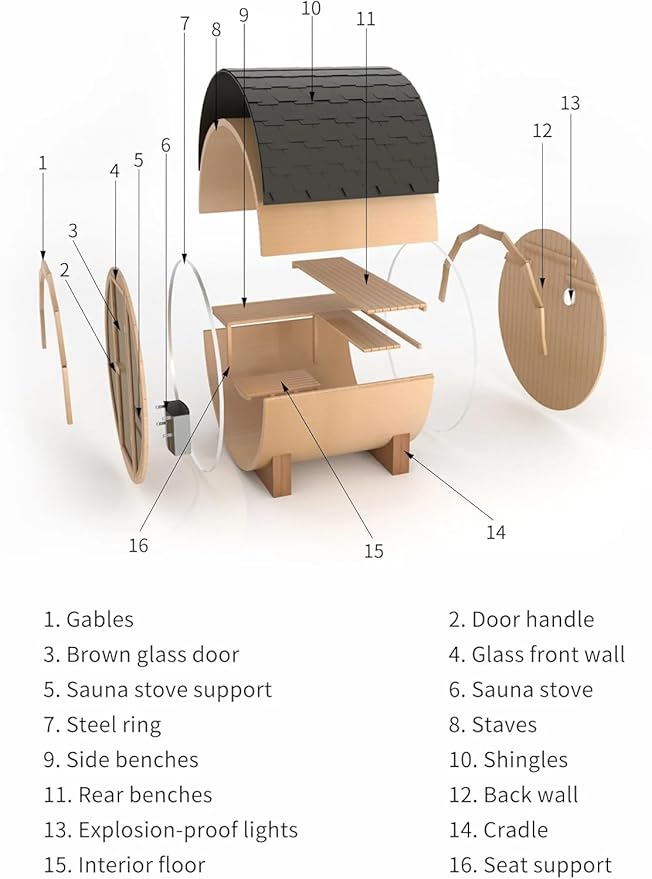 Outdoor Wooden Full Glass Door Barrel Sauna, 4 Person Sauna Room 220V， 6kw ETL Electric Heater， Accessories and Asphalt Shingle Roof (Helmock)
