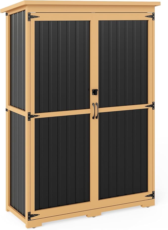 Outdoor Storage Shed with Adjustable Shelf, Wood & Metal Storage Cabinet Waterproof with Lockable Doors & Sloping Roof,Vertical Garden Shed for Patio Backyard, Tool Shed and Accessories, Brown