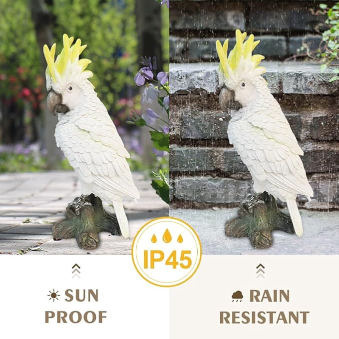 Decorative Parrot Garden Statue, Garden Decor Sculptures Statues Outdoor, Cockatoo Bird Tropical Indoor Desk Decor, Yellow White, 15.35 inches high