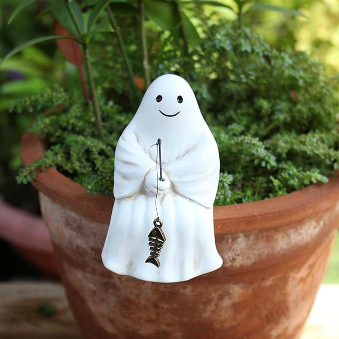 Fishing Ghost Statue Funny Halloween Decorations, 3.35 Inch Cute Sitting Ghost Figurine Shelf Sitter Resin Sculpture for Outdoor Garden Yard Lawn Pond Waterfalls Pool Ornaments