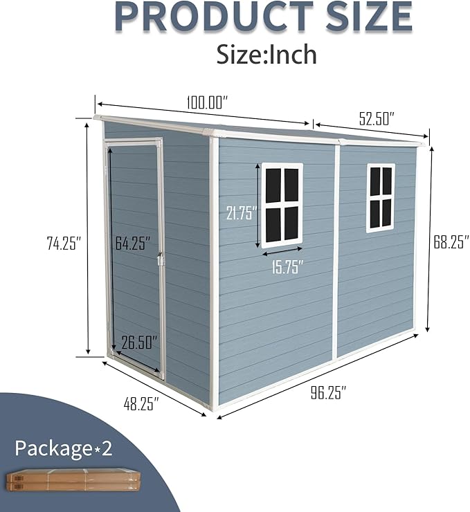 LANTRO JS Storage Sheds Outdoor with Floor, Plastic Shed, 4x8FT Lean to Shed with Two Windows, Lockable Doors for Garden Tools